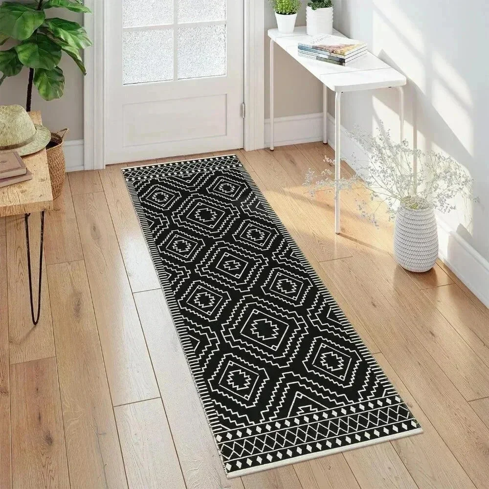 Black and White 2x6 Outdoor Runner Rug, WashablReversible Cotton